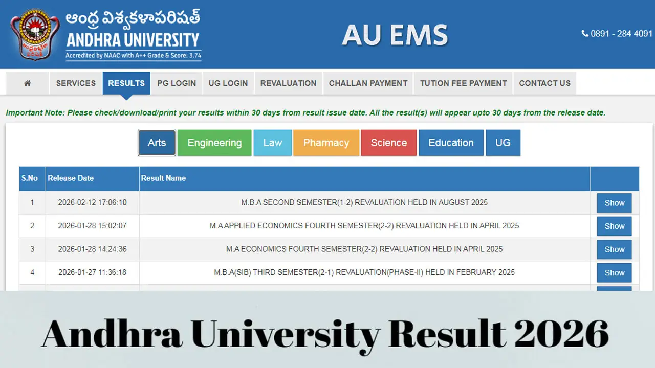 Andhra University Revaluation Result 2026 Link (OUT) at www.andhrauniversity.edu.in, Direct Link to Download UG and PG Marksheet PDF