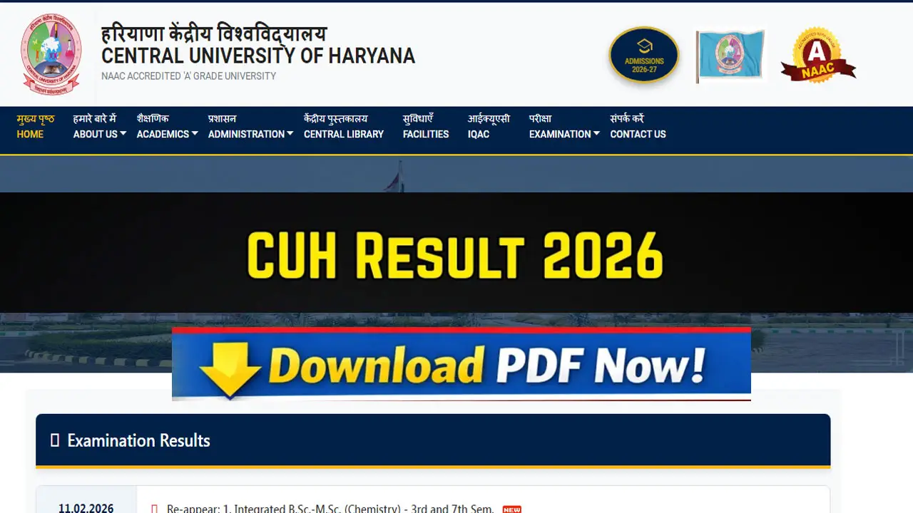 CUH Result 2026 Link (OUT) at cuh.ac.in &ndash; Central University of Haryana UG PG Semester Results PDF