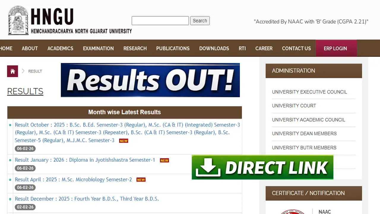 HNGU Result 2026 Out at ngu.ac.in Direct Link to Download UG and PG Courses Result PDF