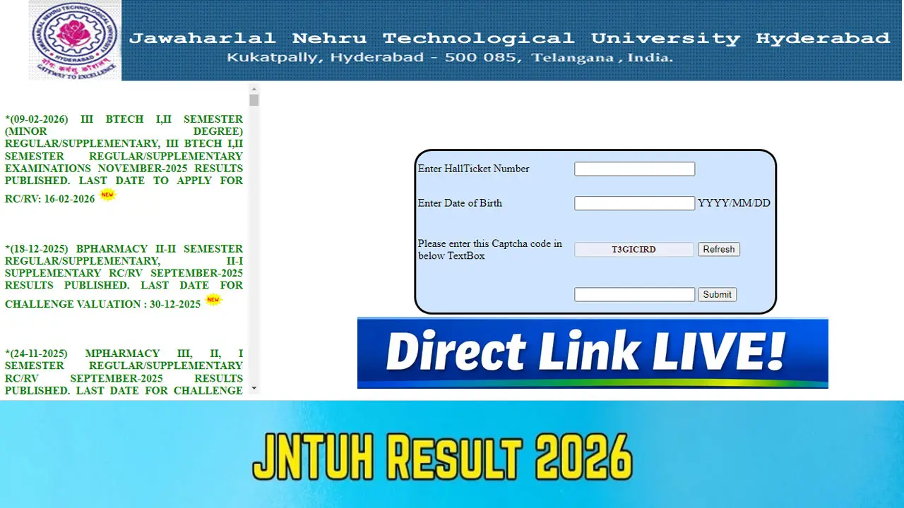 JNTUH Result 2026 Link (OUT) at jntuh.ac.in, Direct Link to Download your UG and PG Course Result