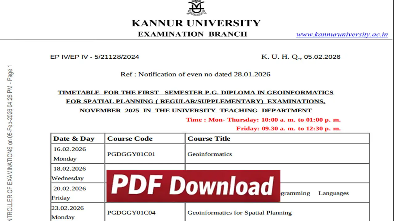 Kannur University Time Table 2026 Announced for PG Diploma &ndash; Download Exam Date Sheet PDF @ kannuruniversity.ac.in