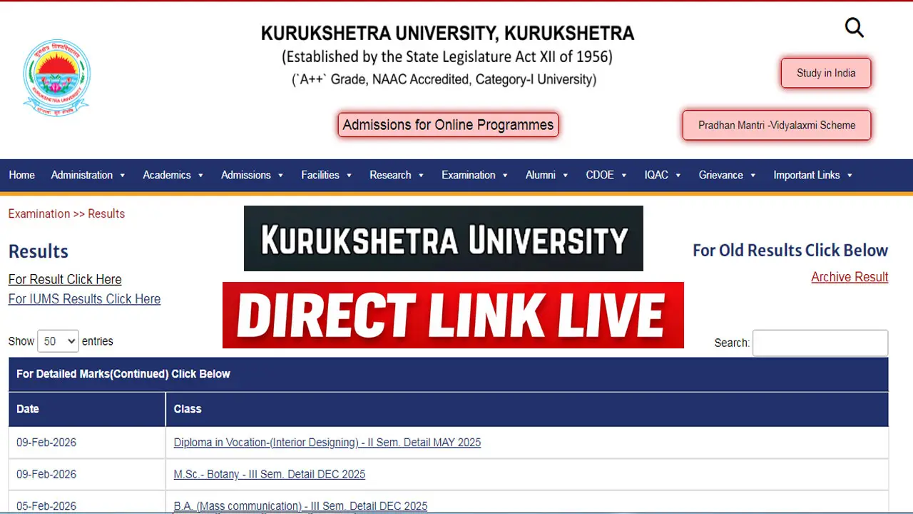 Kurukshetra University Result 2026 Out at kuk.ac.in &ndash; Direct Link to Download Diploma & M.Sc 2nd, 3rd Semester Results
