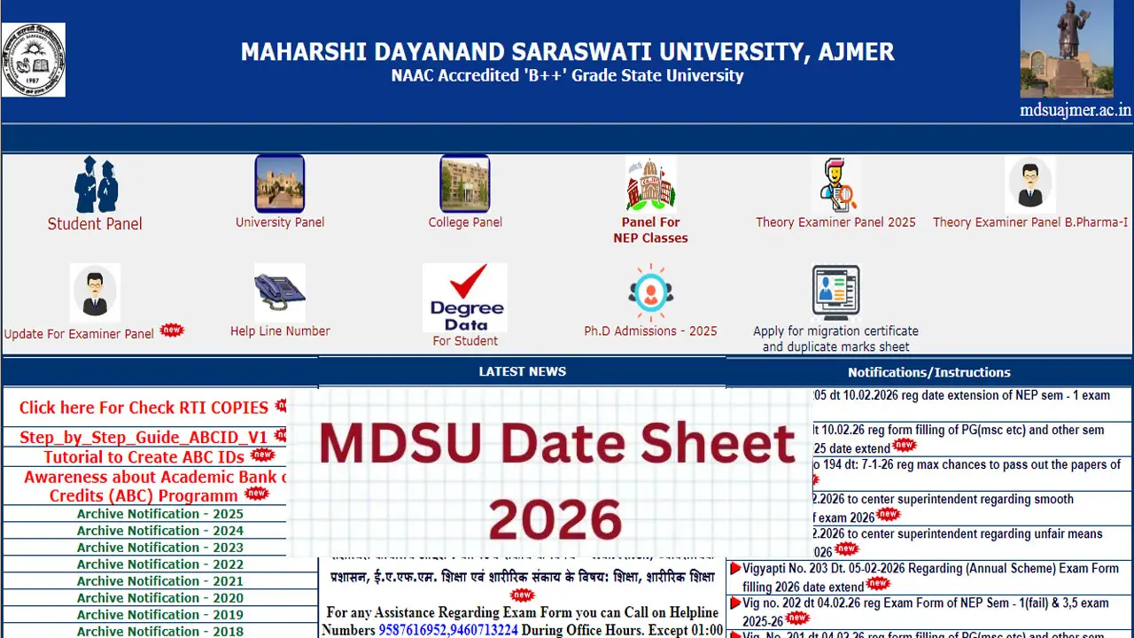 MDSU Date Sheet 2026 PDF (OUT) : Download February Annual Exam Scheme PDF at mdsuexam.org