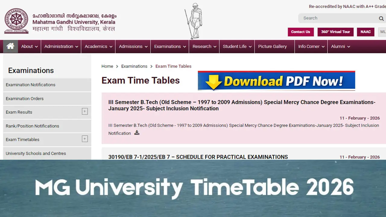 MG University Time Table 2026 PDF Download for B.Tech @ mgu.ac.in &ndash; Check Exam Dates  Schedule