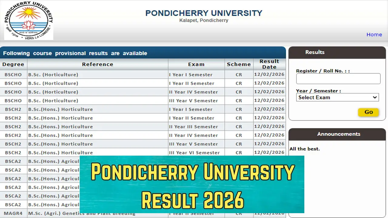 Pondicherry University Result 2026 Link (OUT) at exam.pondiuni.edu.in - Check UG/PG Semester Results PDF