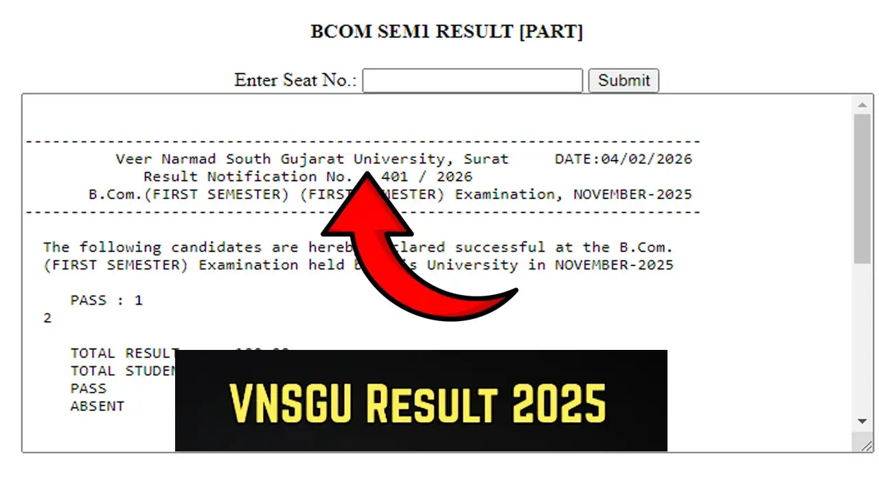 VNSGU Result 2026 Link (OUT) at vnsgu.ac.in, Direct Link to Download UG and PG Courses Result