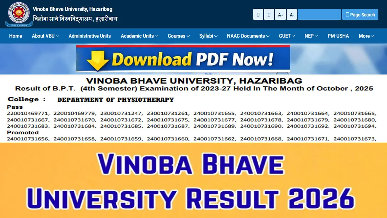 Vinoba Bhave University Result 2026 Link (OUT) at vbuuniv.in, BPT 7th & 4th Semester Results PDF Download