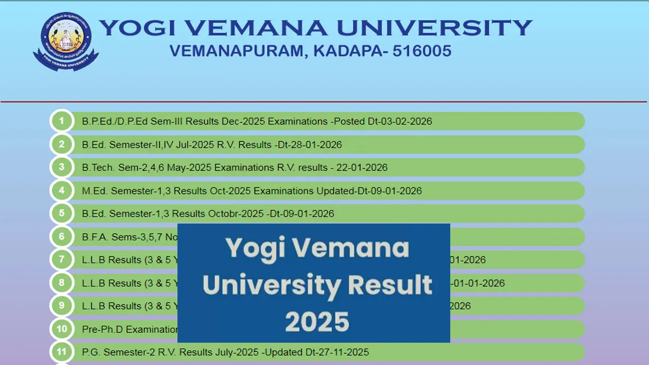 YVU Result 2025 Link (OUT) at yvu.edu.in, Direct Link to Download Odd Semester Exam Marksheet