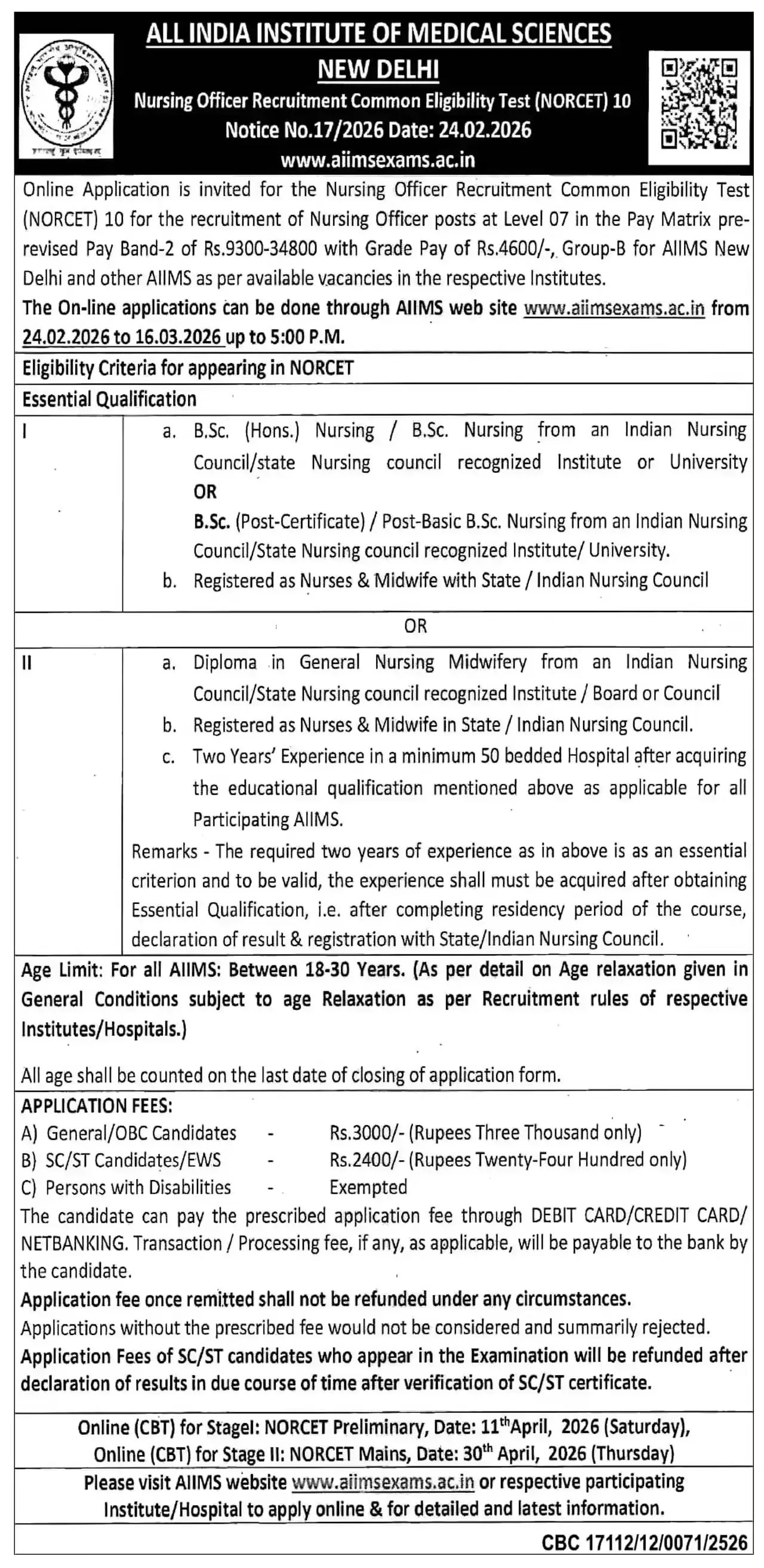 AIIMS NORCET 10 Recruitment 2026 Notification PDF
