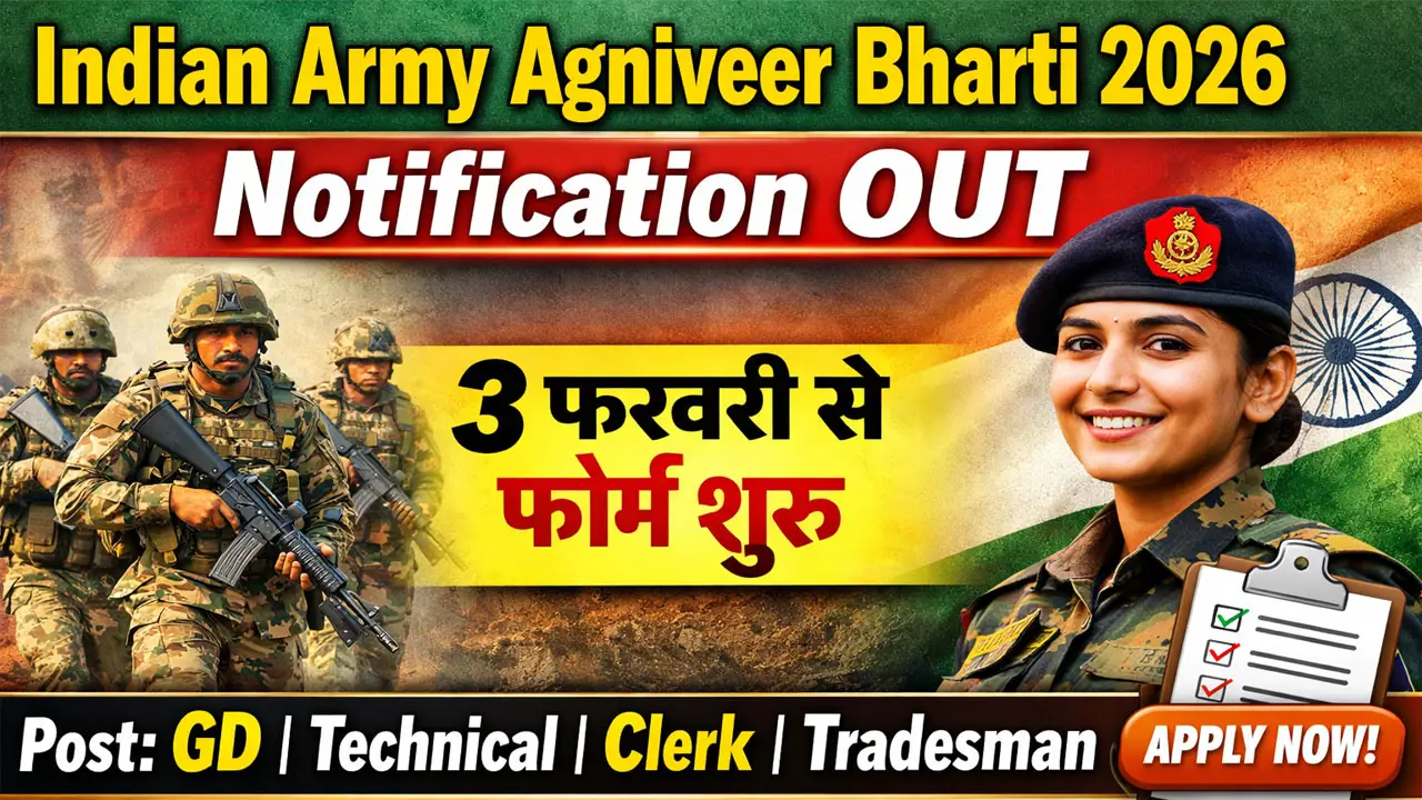 Indian Army Agniveer Bharti 2026 Notification OUT: GD, Technical, Clerk और Tradesman पदों पर भर्ती, 3 फरवरी से ऑनलाइन फॉर्म शुरू
