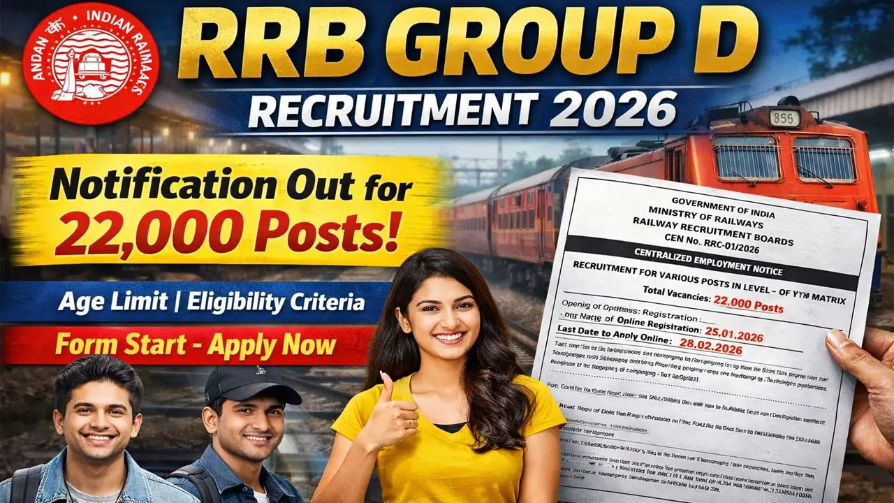 RRB Group D Recruitment 2026 Notification for 22,000 Posts - रेलवे ग्रुप डी भर्ती Apply Online Last Date
